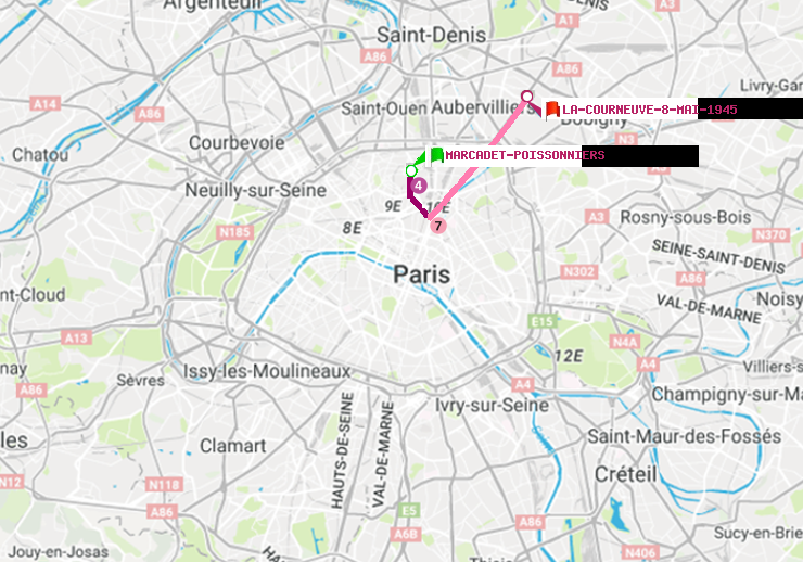 plan itinéraire ratp de Marcadet-Poissonniers à La Courneuve-8-Mai-1945
