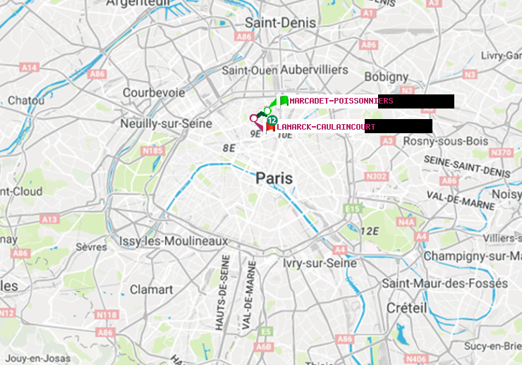 plan itinéraire ratp de Marcadet-Poissonniers à Lamarck-Caulaincourt