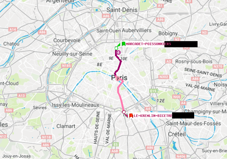 plan itinéraire ratp de Marcadet-Poissonniers à Le Kremlin-Bicêtre