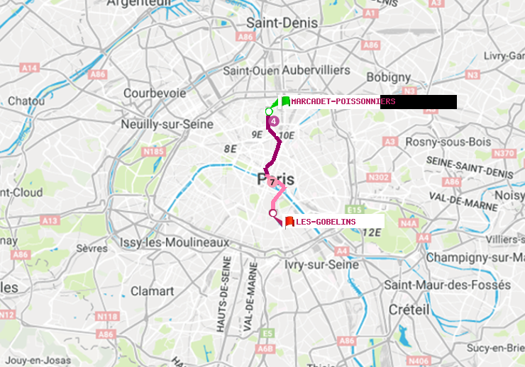 plan itinéraire ratp de Marcadet-Poissonniers à Les Gobelins