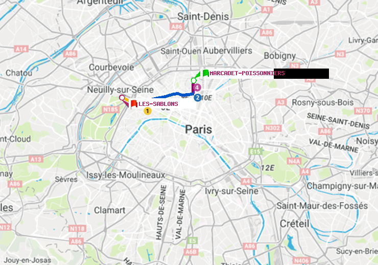 plan itinéraire ratp de Marcadet-Poissonniers à Les Sablons (Jardin d