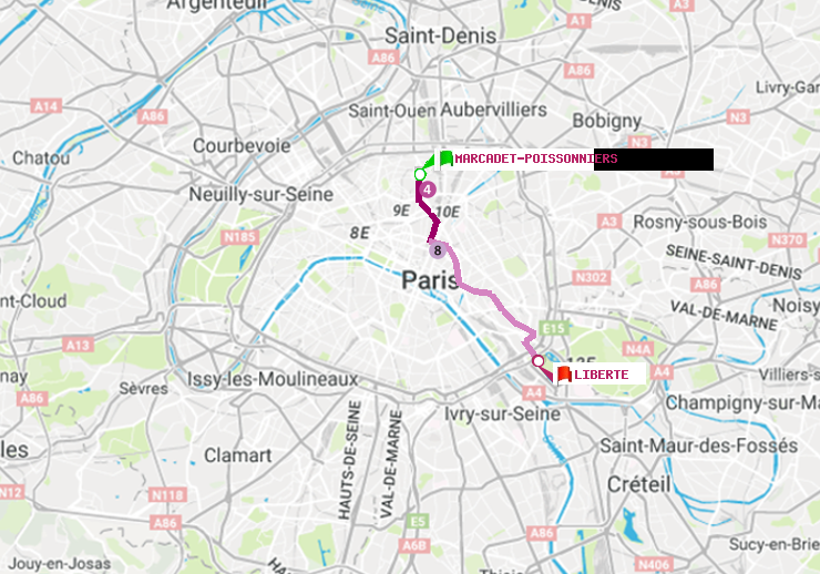 plan itinéraire ratp de Marcadet-Poissonniers à Liberté