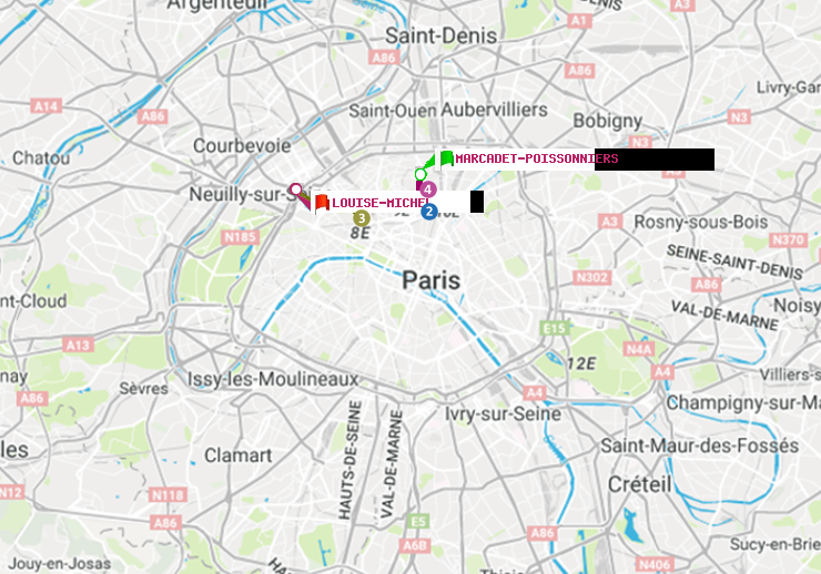 plan itinéraire ratp de Marcadet-Poissonniers à Louise Michel