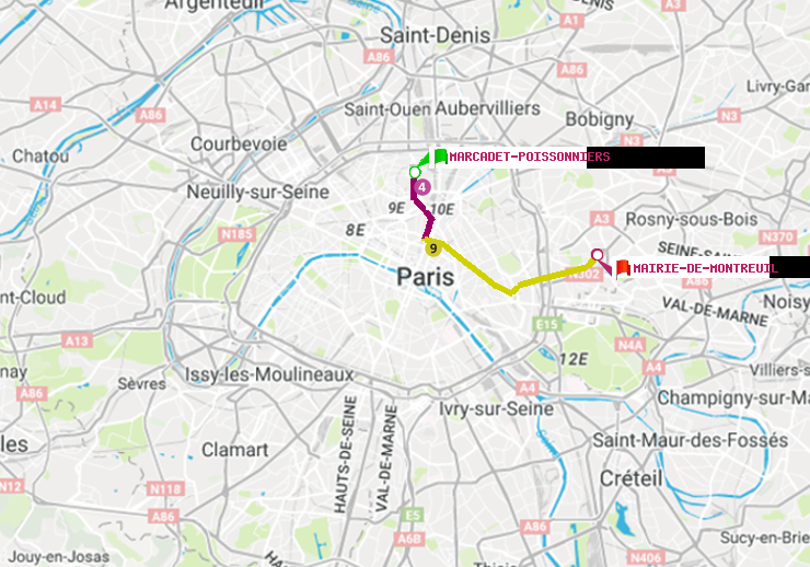 plan itinéraire ratp de Marcadet-Poissonniers à Mairie de Montreuil