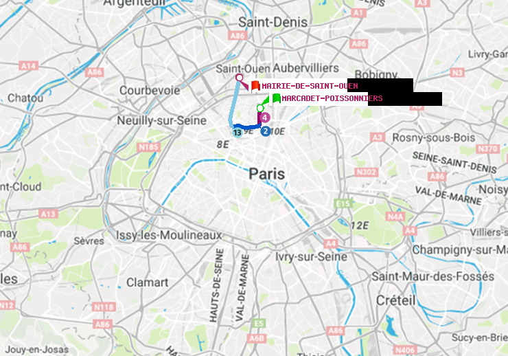 plan itinéraire ratp de Marcadet-Poissonniers à Mairie de Saint-Ouen
