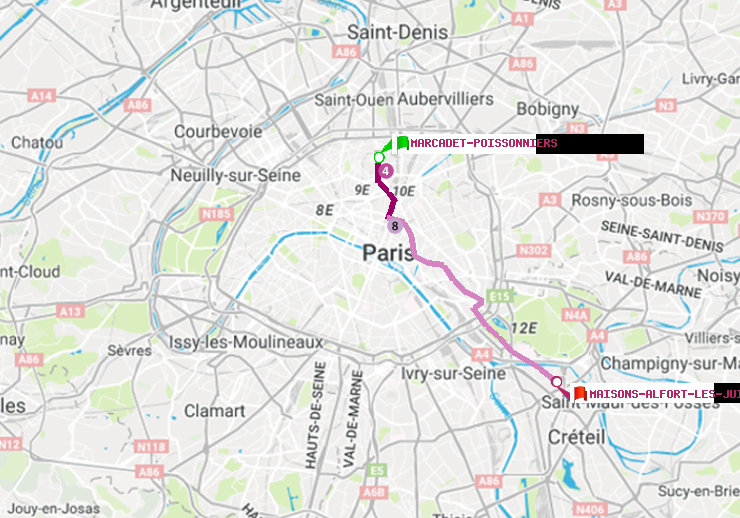plan itinéraire ratp de Marcadet-Poissonniers à Maisons-Alfort-Les Juilliottes