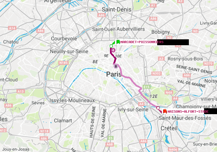 plan itinéraire ratp de Marcadet-Poissonniers à Maisons-Alfort-Stade
