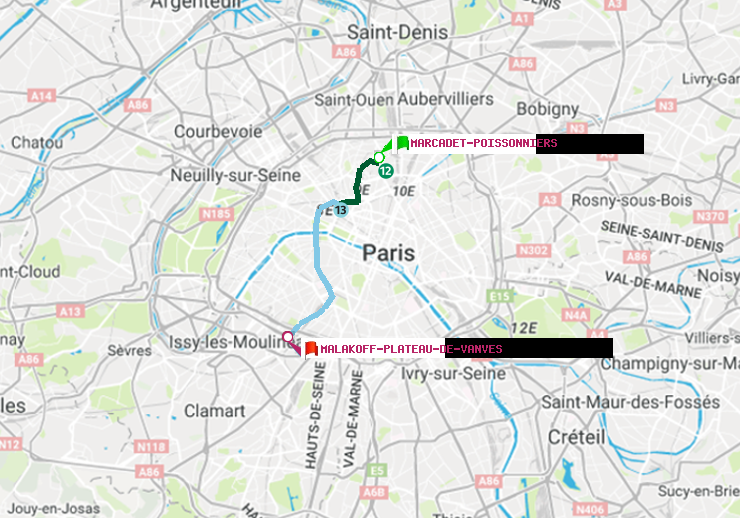 plan itinéraire ratp de Marcadet-Poissonniers à Malakoff-Plateau de Vanves