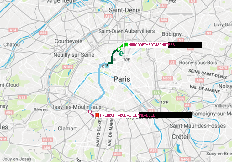 plan itinéraire ratp de Marcadet-Poissonniers à Malakoff-Rue Etienne Dolet