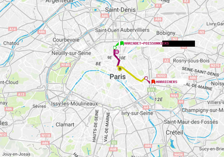 plan itinéraire ratp de Marcadet-Poissonniers à Maraichers