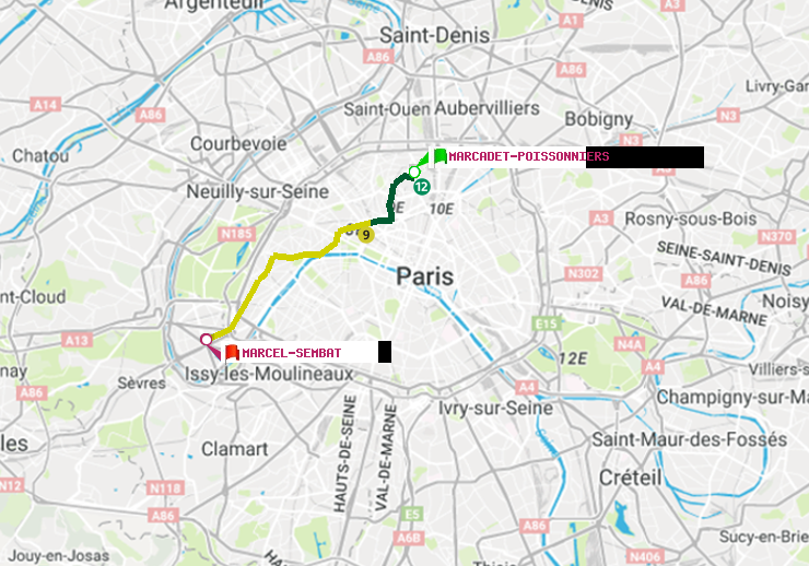 plan itinéraire ratp de Marcadet-Poissonniers à Marcel Sembat