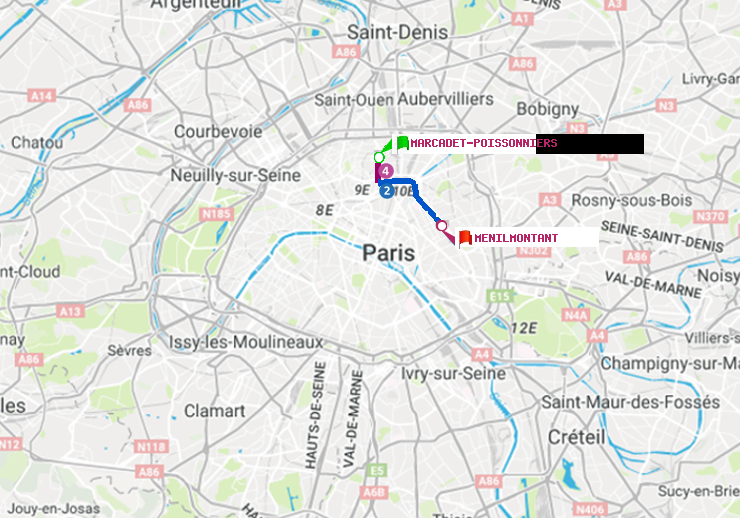 plan itinéraire ratp de Marcadet-Poissonniers à Ménilmontant