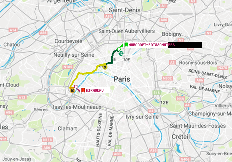 plan itinéraire ratp de Marcadet-Poissonniers à Mirabeau
