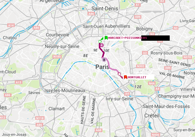plan itinéraire ratp de Marcadet-Poissonniers à Montgallet