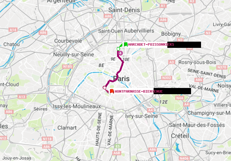 plan itinéraire ratp de Marcadet-Poissonniers à Montparnasse-Bienvenue