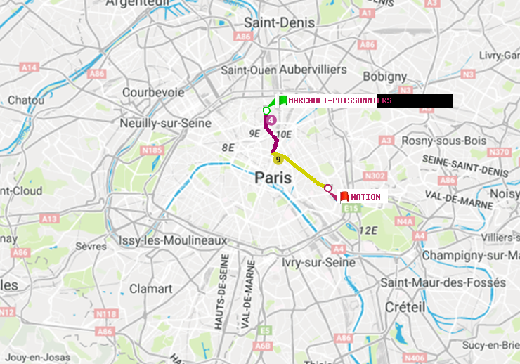 plan itinéraire ratp de Marcadet-Poissonniers à Nation