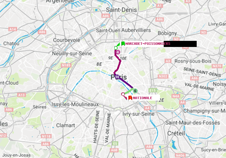 plan itinéraire ratp de Marcadet-Poissonniers à Nationale