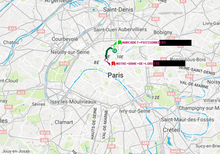 plan itinéraire ratp de Marcadet-Poissonniers à Notre-Dame de Lorette