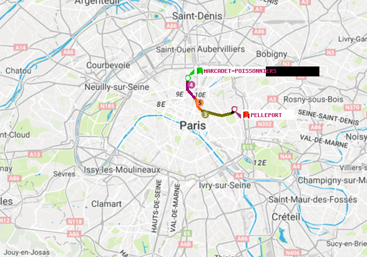 plan itinéraire ratp de Marcadet-Poissonniers à Pelleport