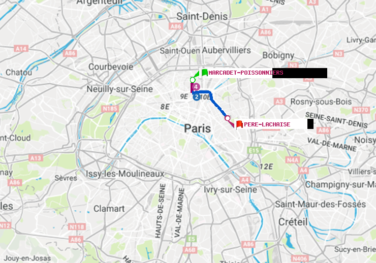 plan itinéraire ratp de Marcadet-Poissonniers à Père-Lachaise