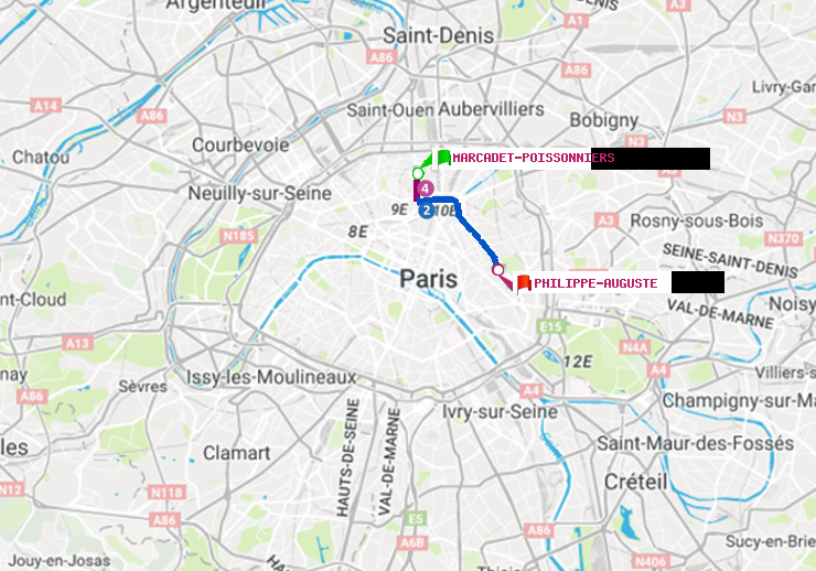 plan itinéraire ratp de Marcadet-Poissonniers à Philippe Auguste