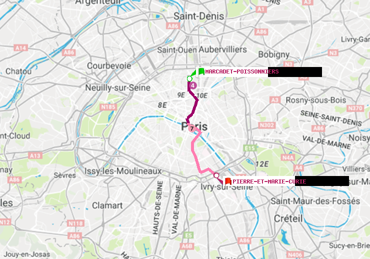 plan itinéraire ratp de Marcadet-Poissonniers à Pierre et Marie Curie