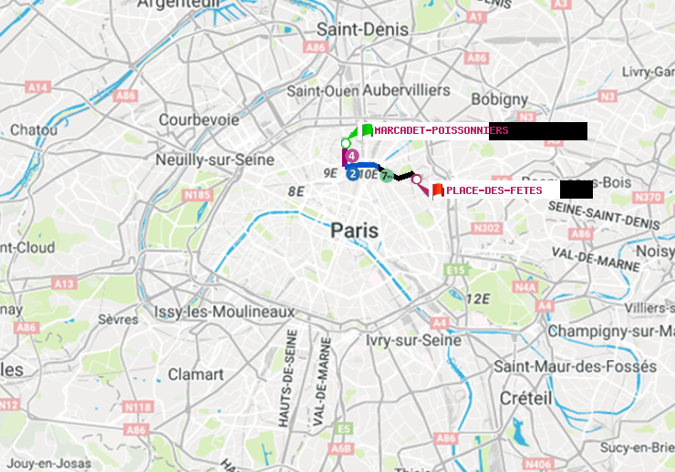 plan itinéraire ratp de Marcadet-Poissonniers à Place des Fêtes