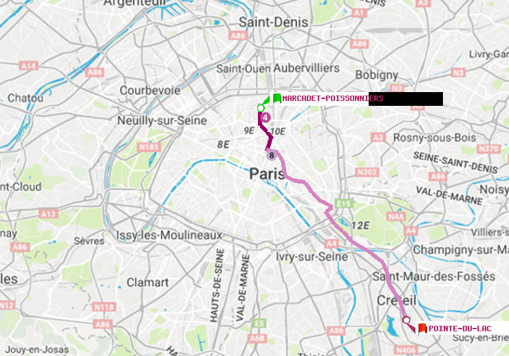 plan itinéraire ratp de Marcadet-Poissonniers à Pointe du Lac