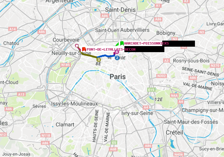 plan itinéraire ratp de Marcadet-Poissonniers à Pont de Levallois-Bécon