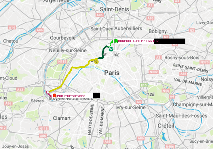 plan itinéraire ratp de Marcadet-Poissonniers à Pont de Sèvres