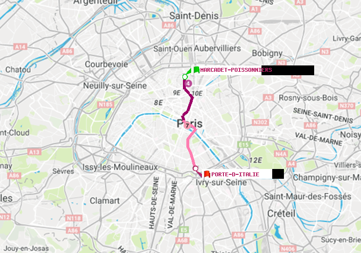 plan itinéraire ratp de Marcadet-Poissonniers à Porte d
