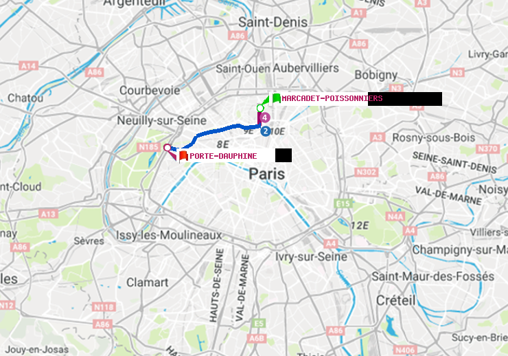 plan itinéraire ratp de Marcadet-Poissonniers à Porte Dauphine (Maréchal de Lattre de Tassigny)