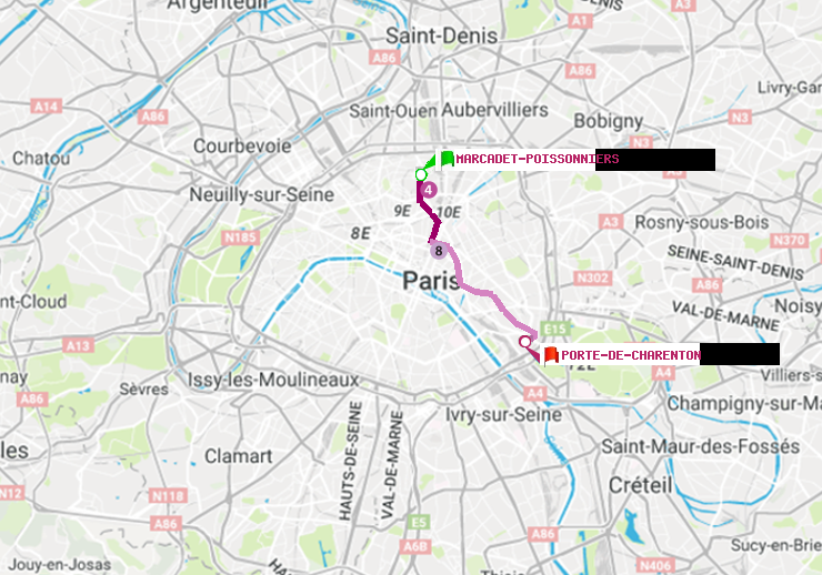 plan itinéraire ratp de Marcadet-Poissonniers à Porte de Charenton