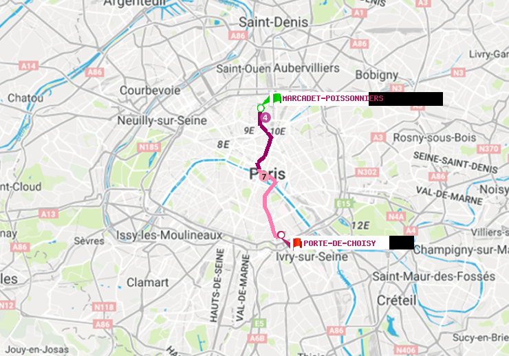 plan itinéraire ratp de Marcadet-Poissonniers à Porte de Choisy