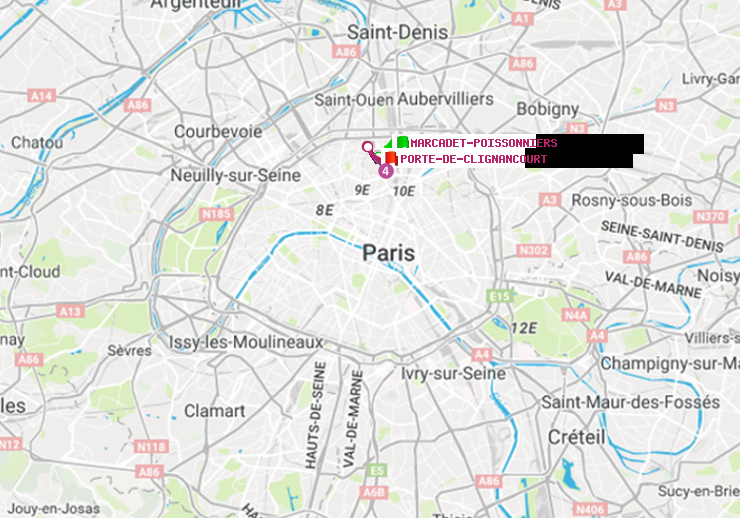 plan itinéraire ratp de Marcadet-Poissonniers à Porte de Clignancourt