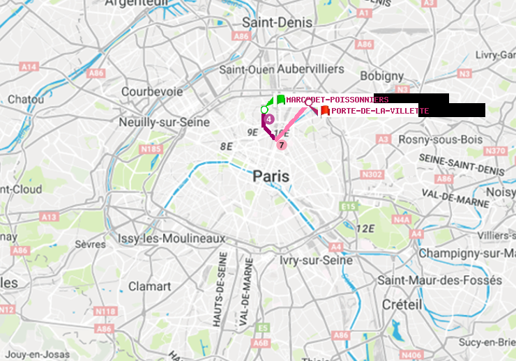 plan itinéraire ratp de Marcadet-Poissonniers à Porte de la Villette