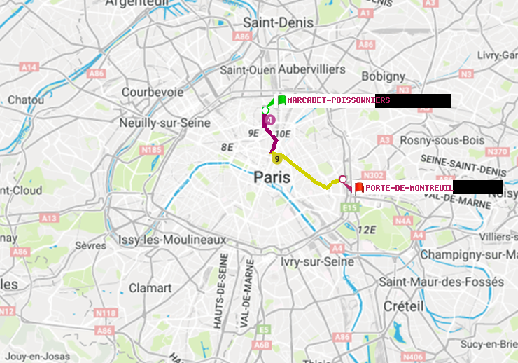 plan itinéraire ratp de Marcadet-Poissonniers à Porte de Montreuil