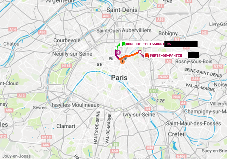 plan itinéraire ratp de Marcadet-Poissonniers à Porte de Pantin