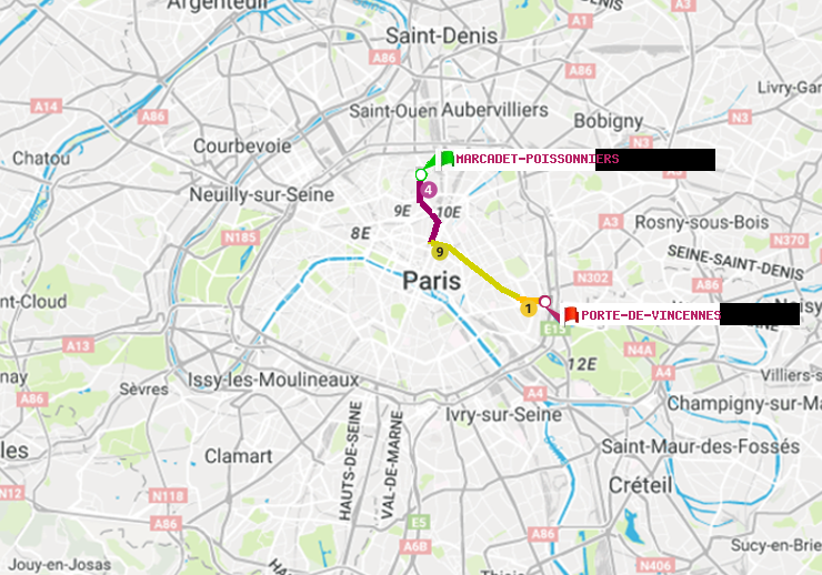 plan itinéraire ratp de Marcadet-Poissonniers à Porte de Vincennes