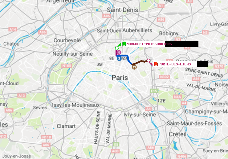 plan itinéraire ratp de Marcadet-Poissonniers à Porte des Lilas