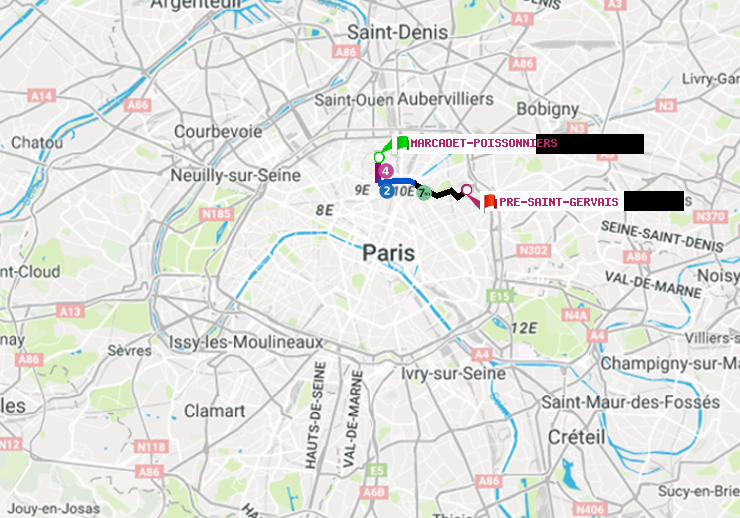 plan itinéraire ratp de Marcadet-Poissonniers à Pré-Saint-Gervais