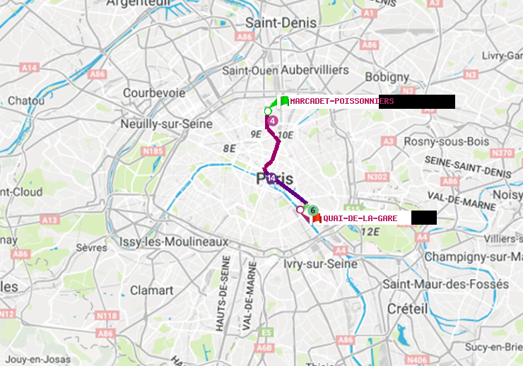 plan itinéraire ratp de Marcadet-Poissonniers à Quai de la Gare