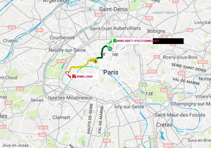 plan itinéraire ratp de Marcadet-Poissonniers à Ranelagh
