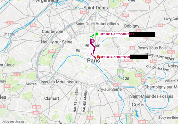 plan itinéraire ratp de Marcadet-Poissonniers à Réaumur-Sébastopol