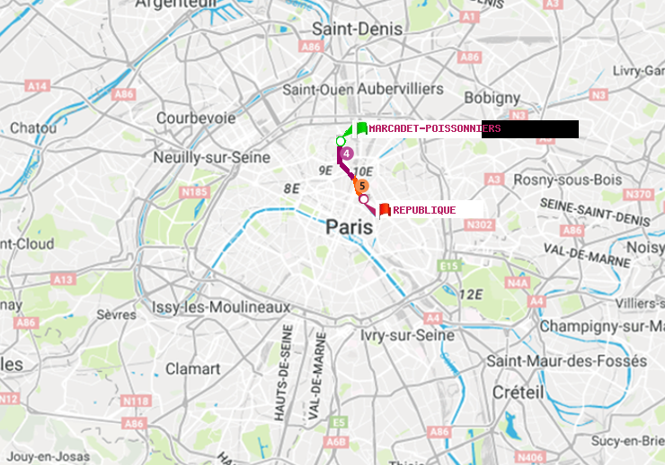 plan itinéraire ratp de Marcadet-Poissonniers à République