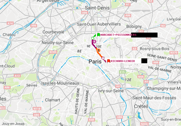 plan itinéraire ratp de Marcadet-Poissonniers à Richard-Lenoir