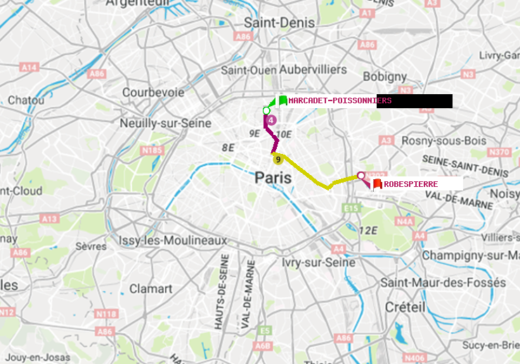 plan itinéraire ratp de Marcadet-Poissonniers à Robespierre