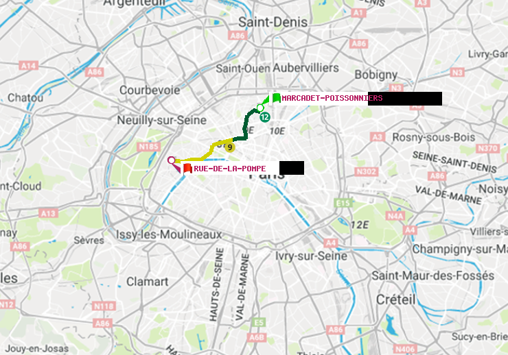 plan itinéraire ratp de Marcadet-Poissonniers à Rue de la Pompe (Avenue Georges Mandel)