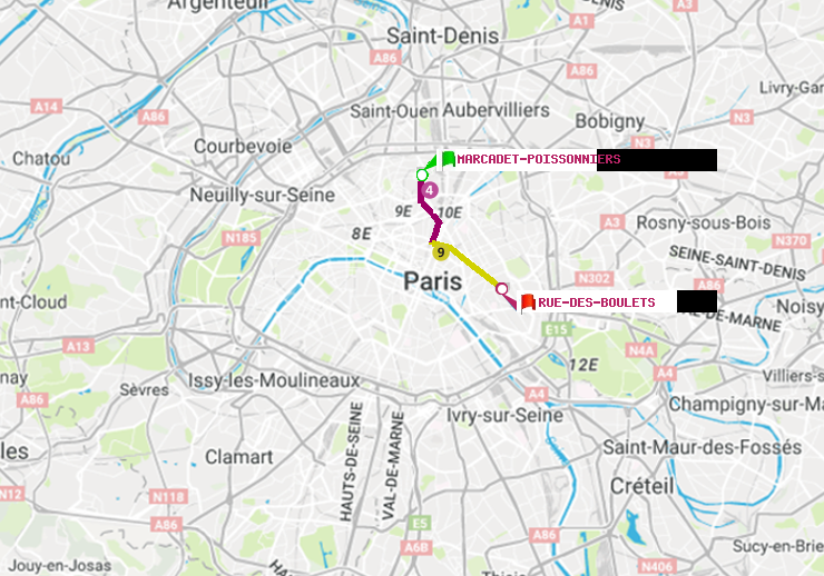 plan itinéraire ratp de Marcadet-Poissonniers à Rue des Boulets