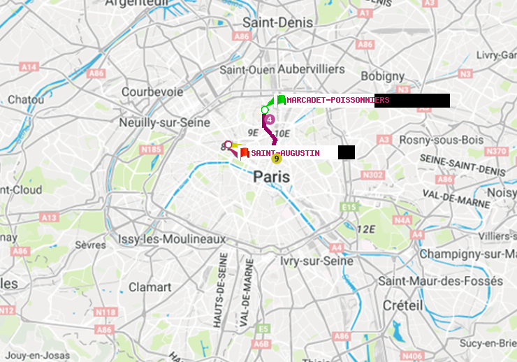 plan itinéraire ratp de Marcadet-Poissonniers à Saint-Augustin